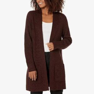 Eileen Fisher Open Front Merino Wool Patch Pocket Long Cardigan Women XL Cassis